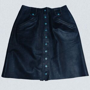 Double D Ranch Black Leather Skirt Turquoise Stud Button Front Western Size 8